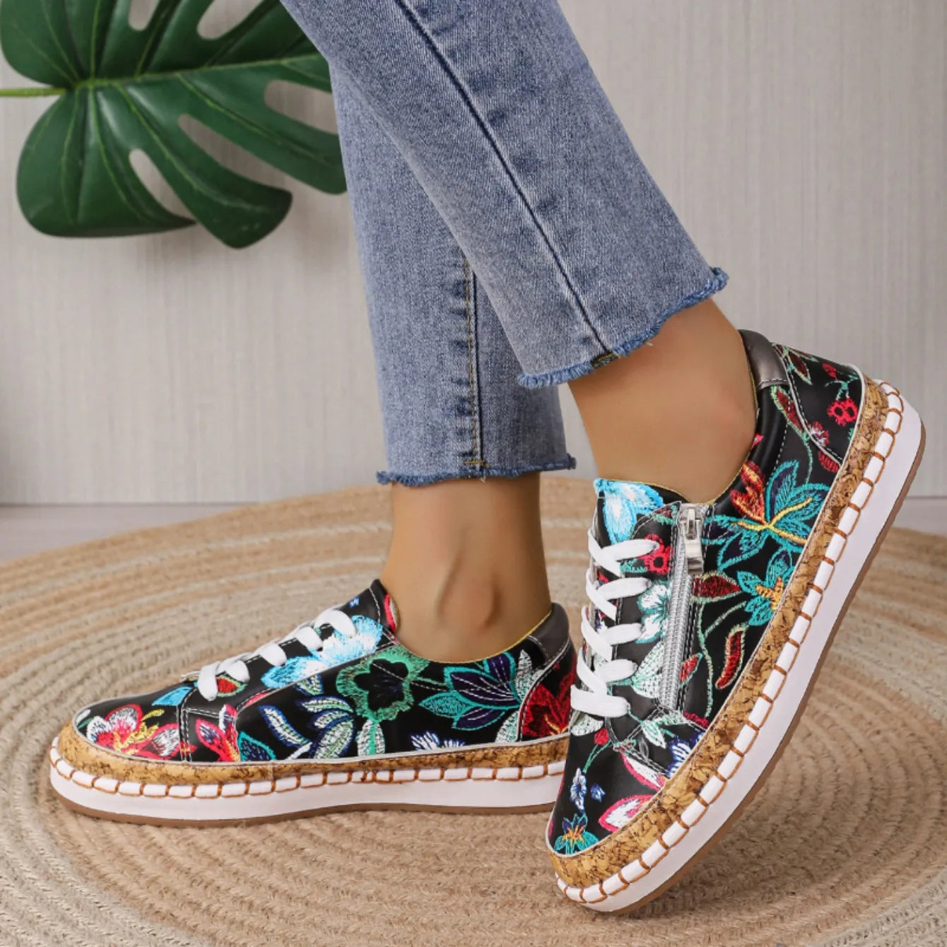 Elegant Floral Print Lace-Up Shoes for Women