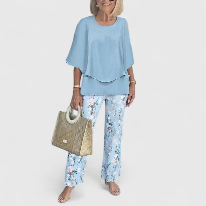 Set lejer, pentru femei, cu top suprapus și pantaloni cu imprimeu