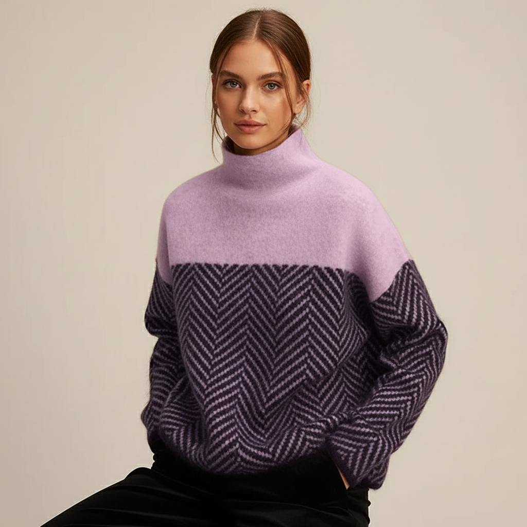 Soft Knitted Women's Roll Neck Jumper with Herringbone Pattern and Colour Block