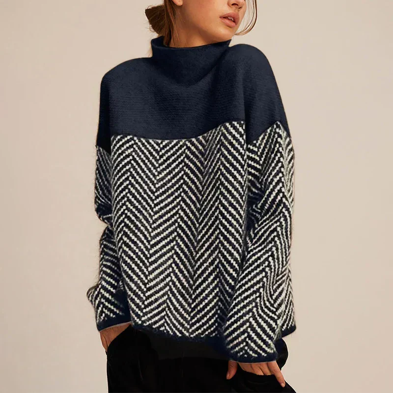 Soft Knitted Women's Roll Neck Jumper with Herringbone Pattern and Colour Block