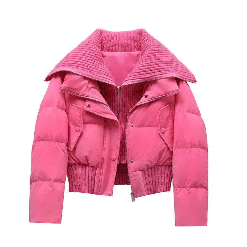 Ladies Short Puffer Winter Jacket Quilted with Ribbed Collar