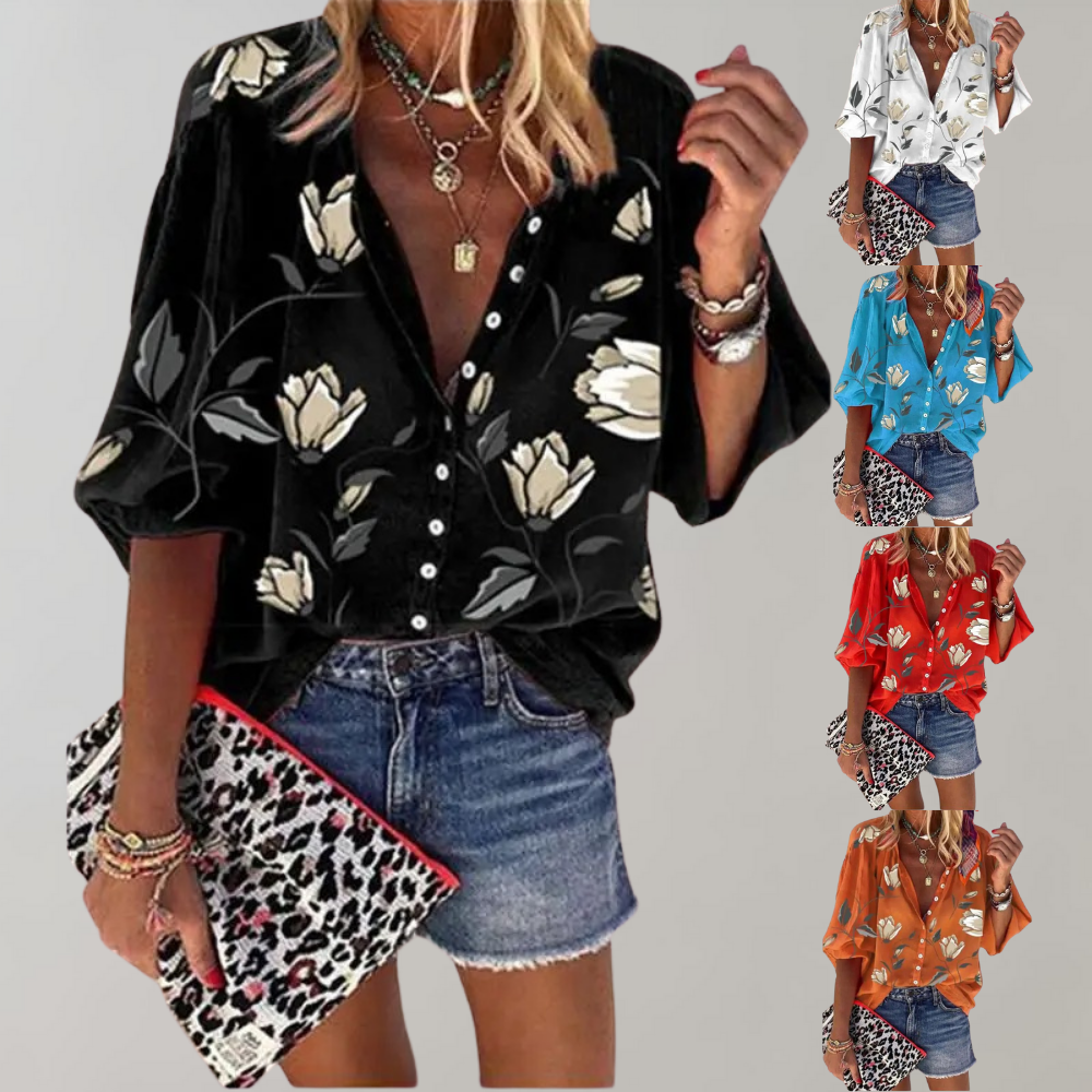 Flowing Blouse with Print and Stand-up Collar