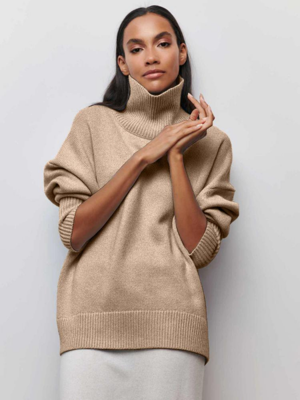 Pull douillet oversize à col roulé avec large col côtelé pour femme