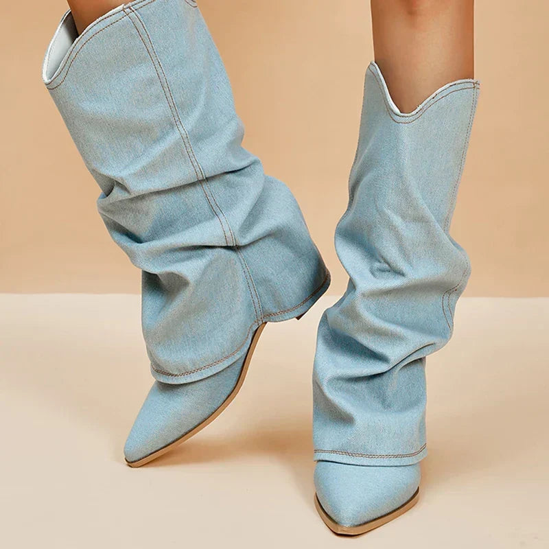 Bottes de cowboy en jean pour femme, hautes et à bout pointu