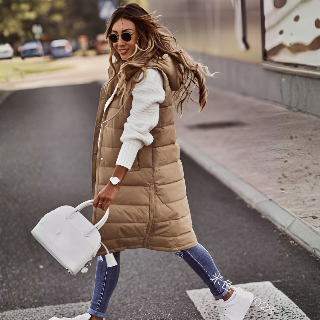 Long hooded gilet for women
