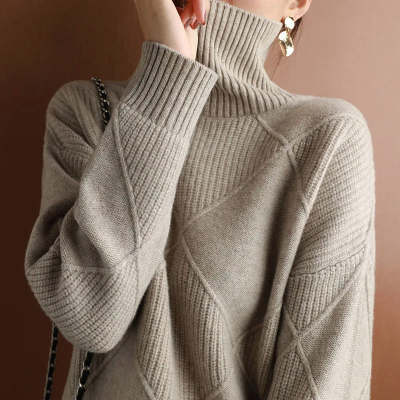 Ladies' Timeless Oversized Roll Neck Jumper with Diamond Pattern