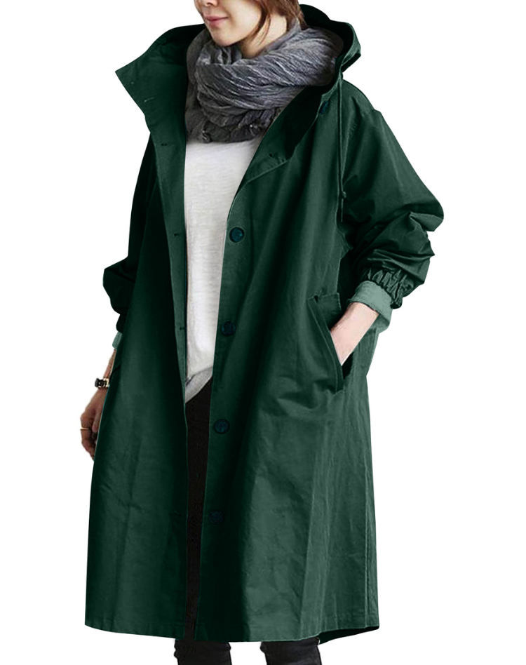 Waterproof Trench Coat for Women Long with Hood and Buttons