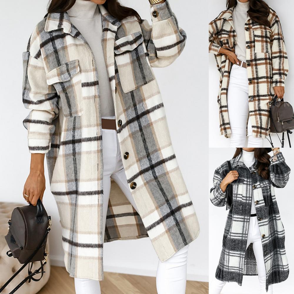 Ladies Checked Maxi Coat with Chest Pockets and Buttons