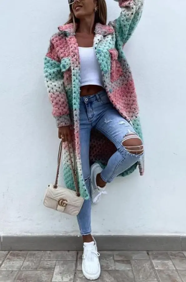 Long Multicoloured Jacket Braid Pattern for Women - Sahara