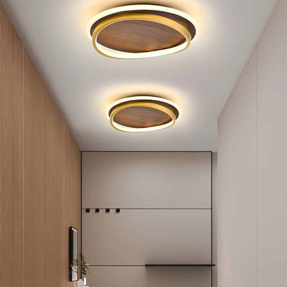 Lámpara de techo moderna con anillo LED y diseño con aspecto de madera, para una iluminación ambiental