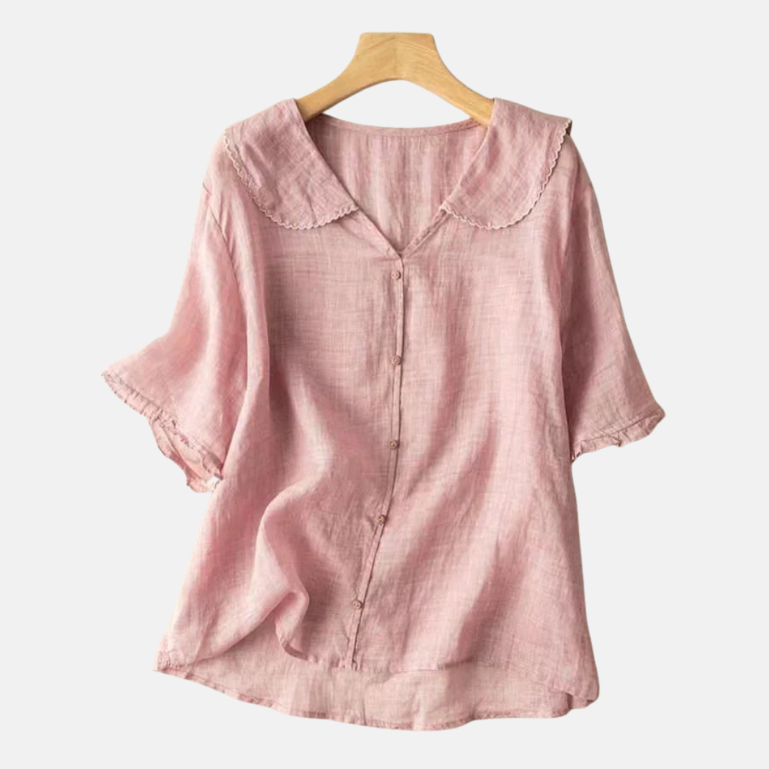 Ladies' Retro Cotton and Linen Shirt with Peter Pan Collar