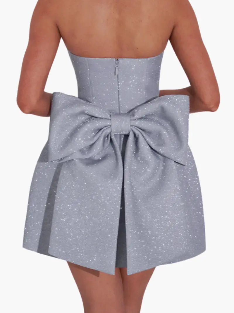 Silver Glitter Strapless Mini Cocktail Dress with Large Bow for Women