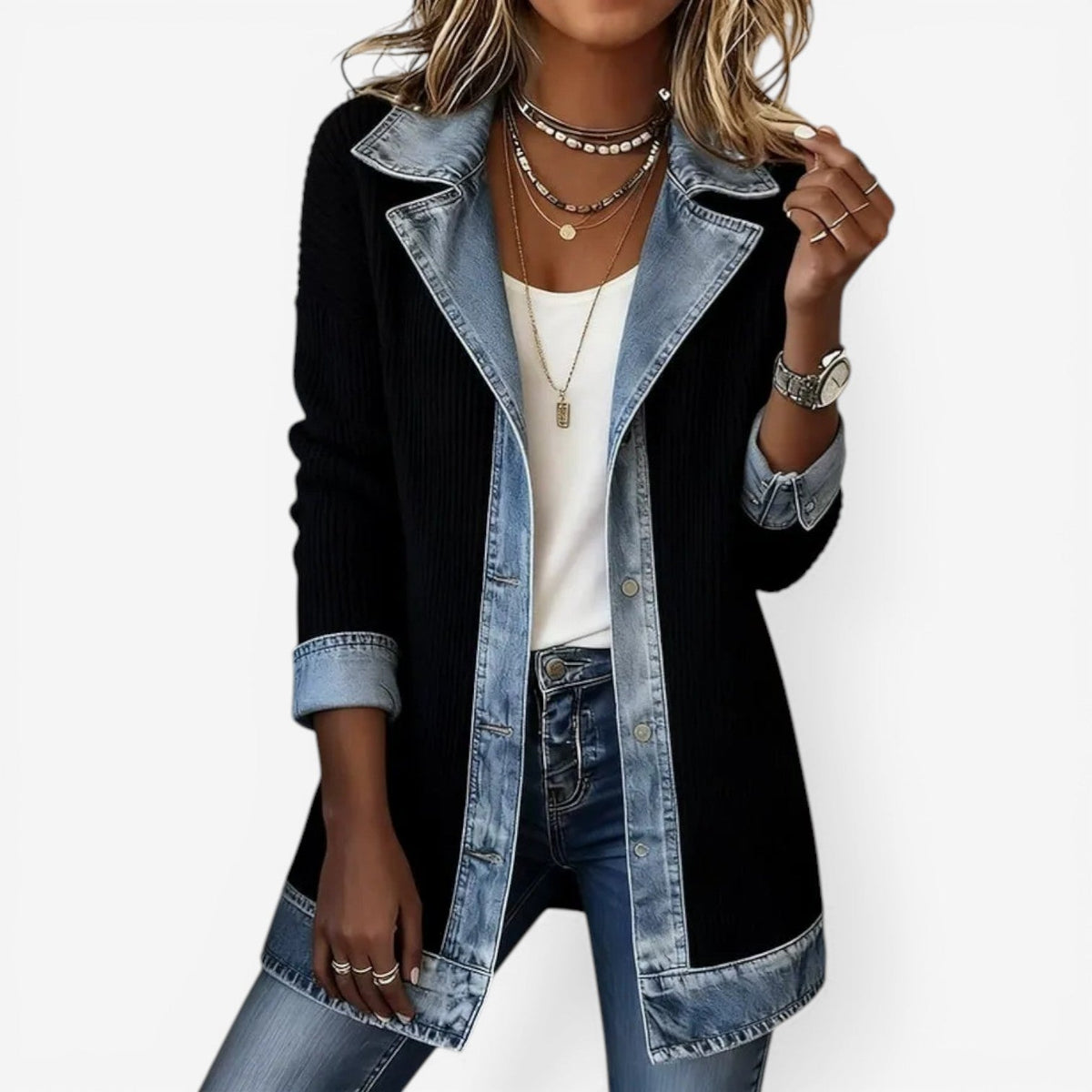 Ladies Trendy Ribbed Jacket with Notched Collar and Buttons
