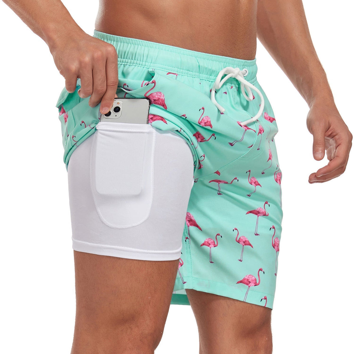 Pantaloncini da bagno da uomo in tessuto ad asciugatura rapida con fodera contenitiva