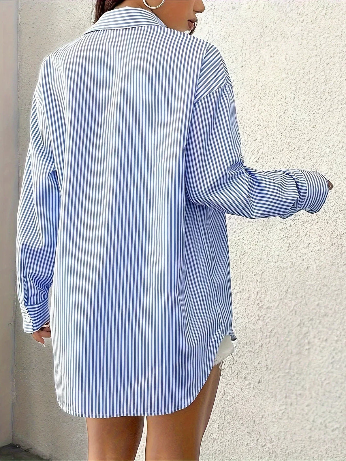 Ademend Blue and White Oversized Women's Blouse with Stripes