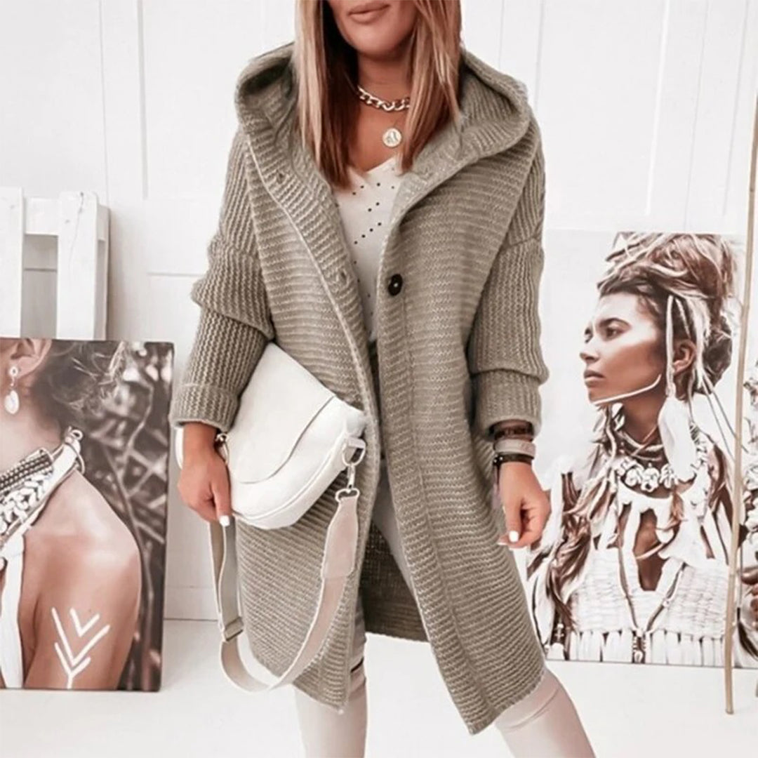 Mid-length knitted women's cardigan with buttons and hood - Ella