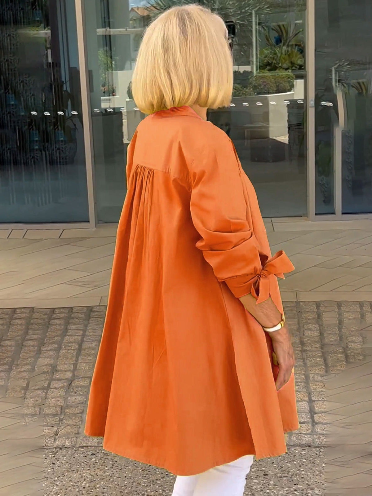 Long Blouse with Tie Sleeves and Button Closure for Women