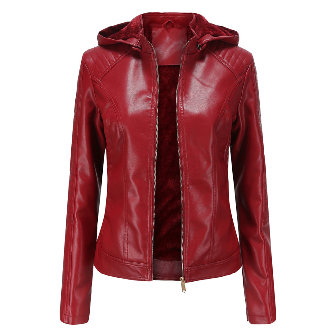 Leather Ladies Jacket with Removable Hood and Zipper