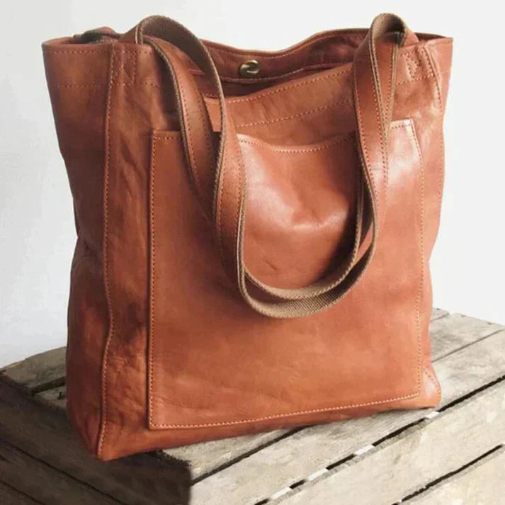 Skulderveske i skinn til dame, romslig shoppermodell
