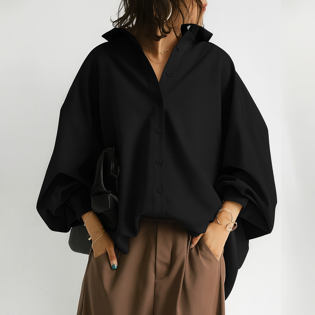 Ladies Elegant Oversized Blouse with Buttons and Balloon Sleeves