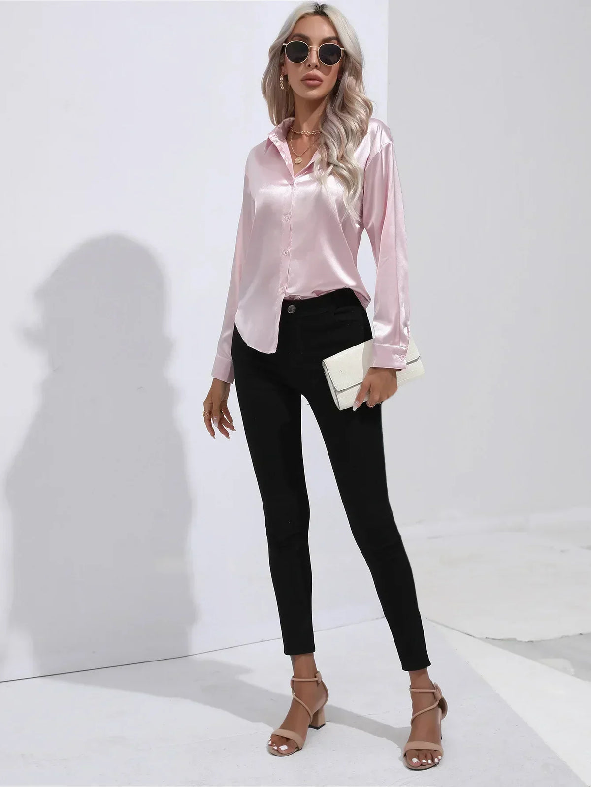 Ladies Luxe Satin Blouse with Collar and Curved Hem