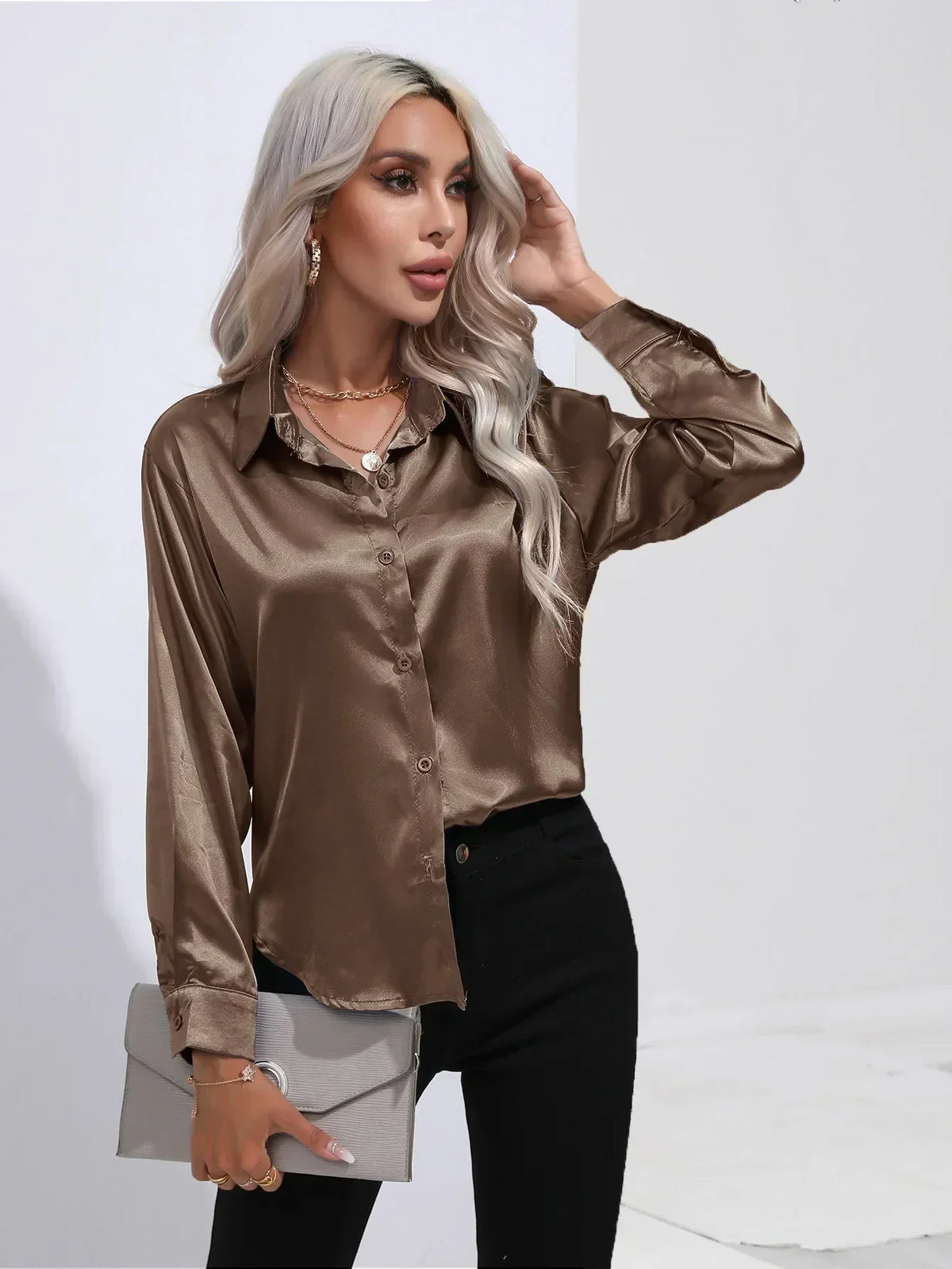 Ladies Luxe Satin Blouse with Collar and Curved Hem