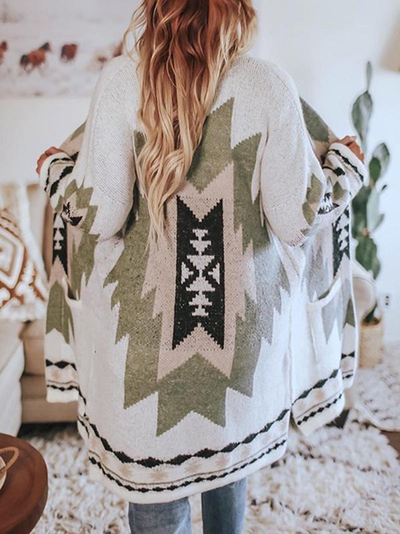 Cárdigan de punto elegante de mujer con estampado azteca y bolsillos