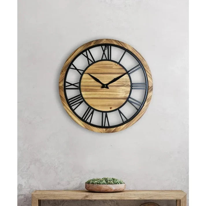 Rustikale Wanduhr aus Holz mit römischen Ziffern für Wohnzimmer oder Flur