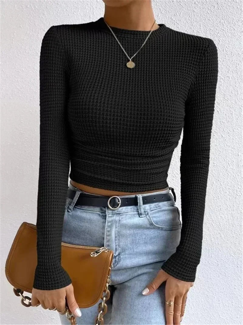 Fitted Crop Top with Long Sleeves and Texture