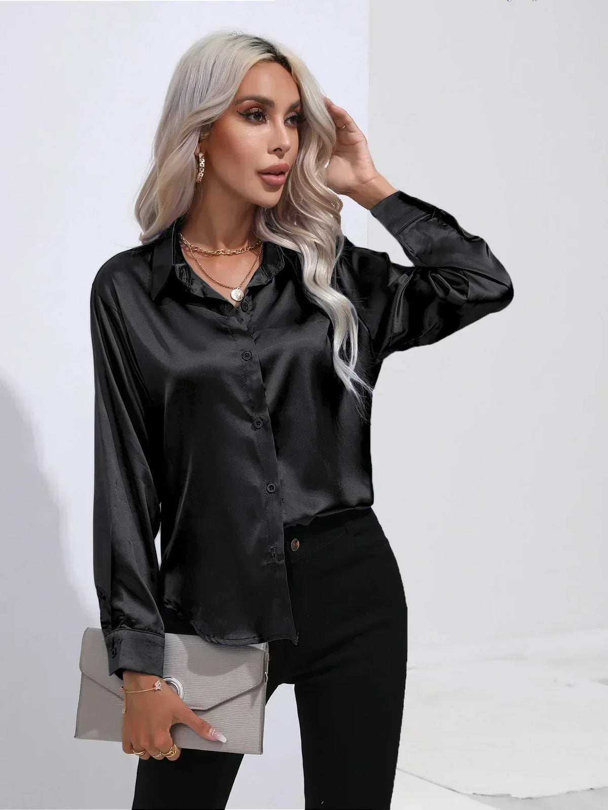 Ladies Luxe Satin Blouse with Collar and Curved Hem