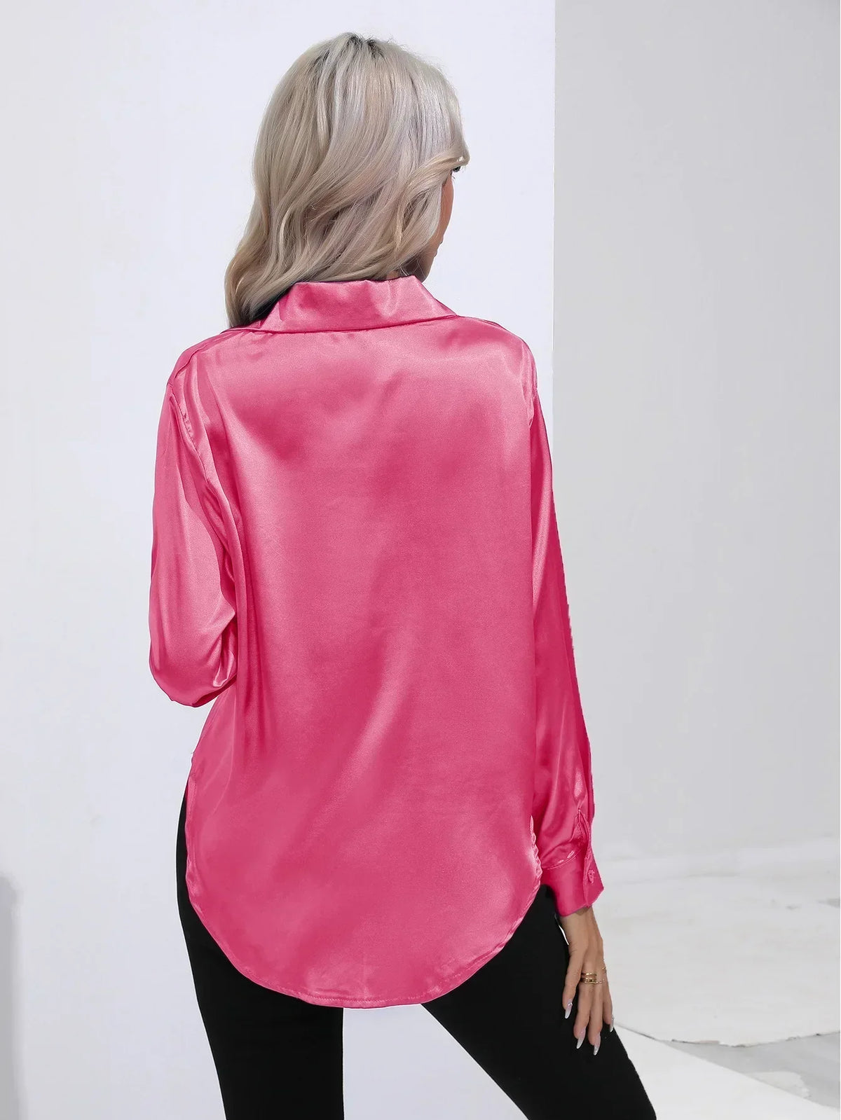 Ladies Luxe Satin Blouse with Collar and Curved Hem