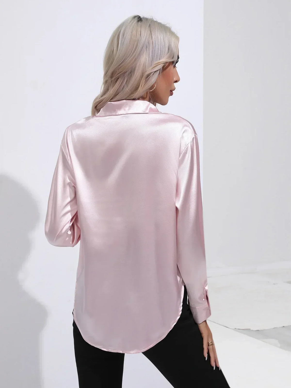 Ladies Luxe Satin Blouse with Collar and Curved Hem