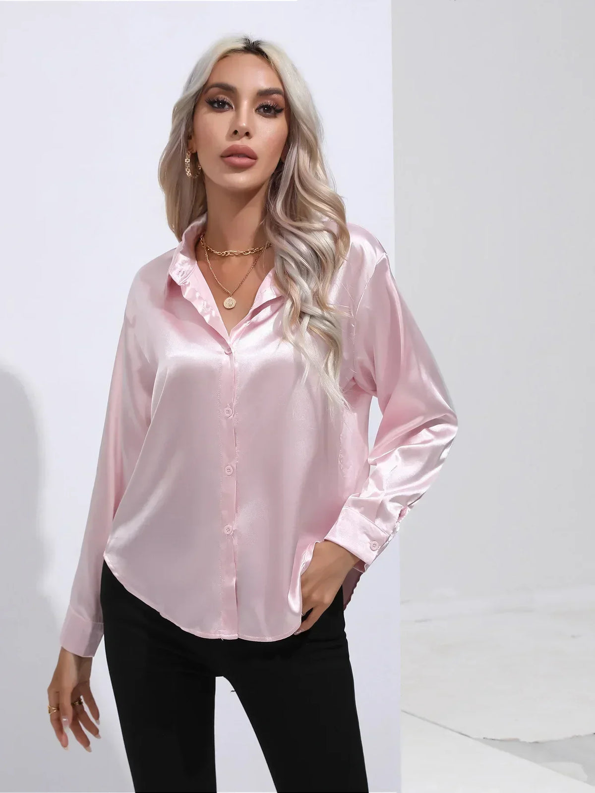 Ladies Luxe Satin Blouse with Collar and Curved Hem