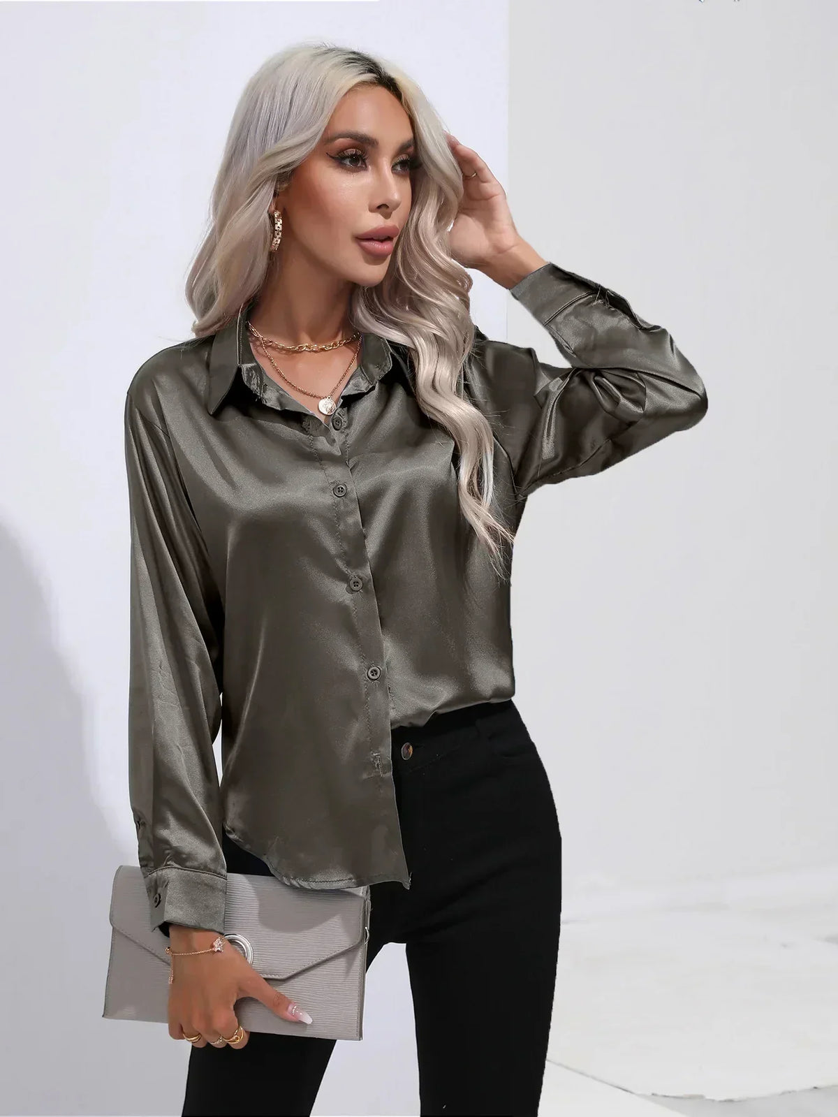 Ladies Luxe Satin Blouse with Collar and Curved Hem