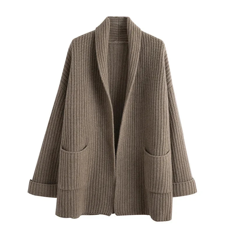 Ladies Timeless Chunky Knit Cardigan with Shawl Collar and Pockets