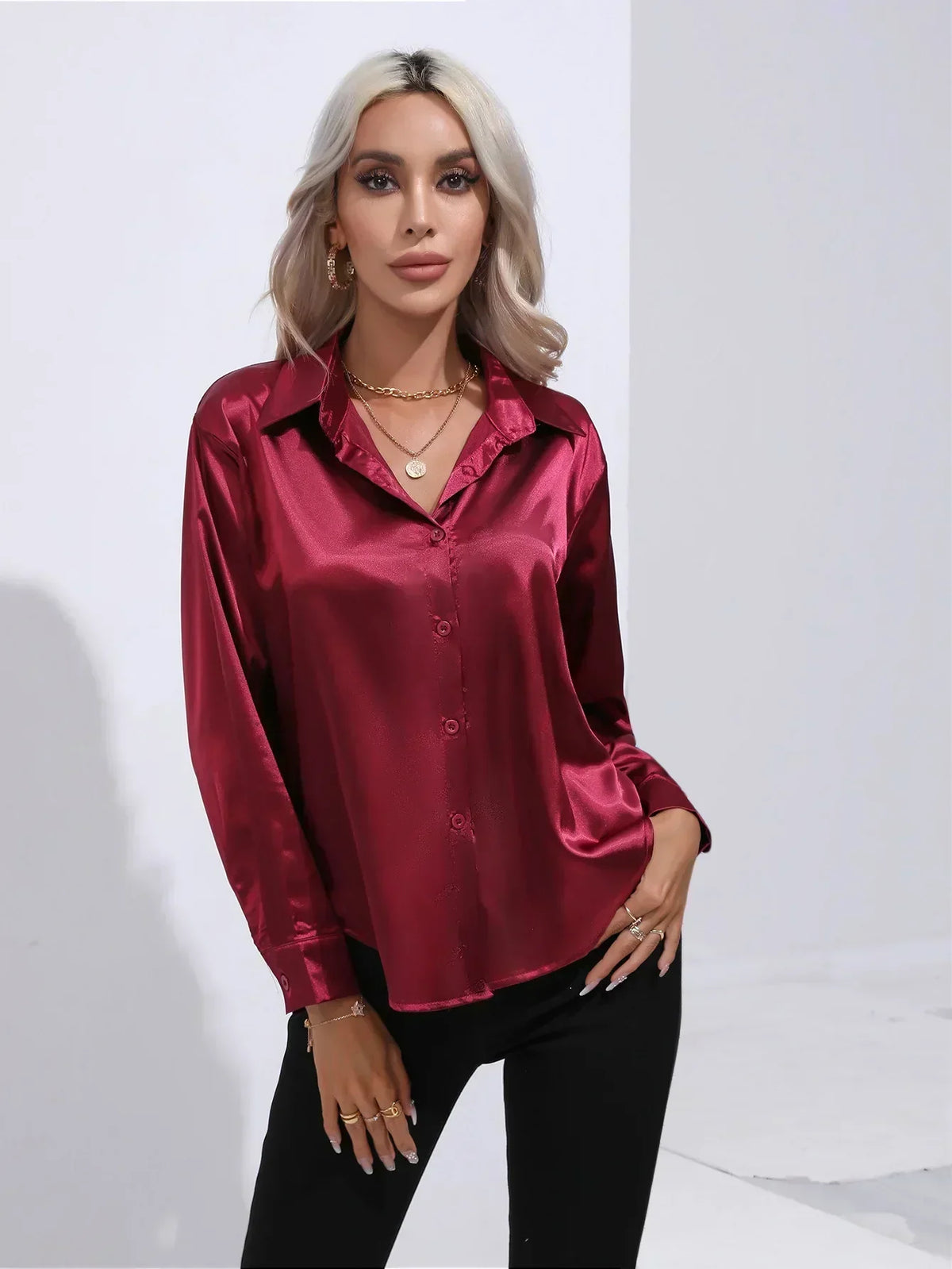 Ladies Luxe Satin Blouse with Collar and Curved Hem