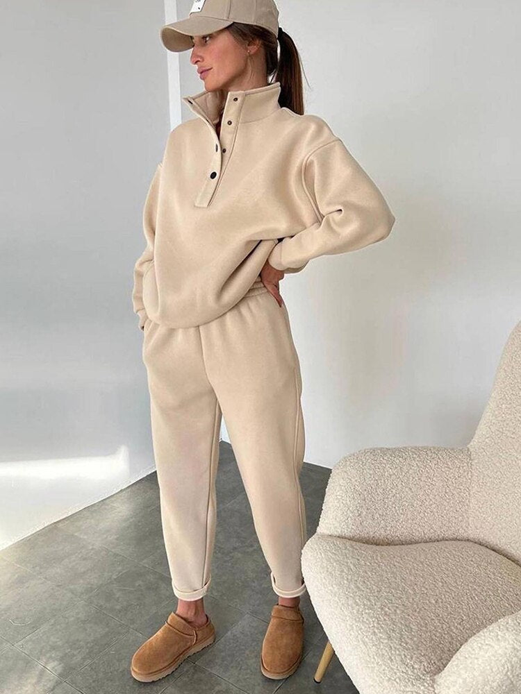 Ladies' Cosy Fleece Set with Stand-Up Collar and Press Studs
