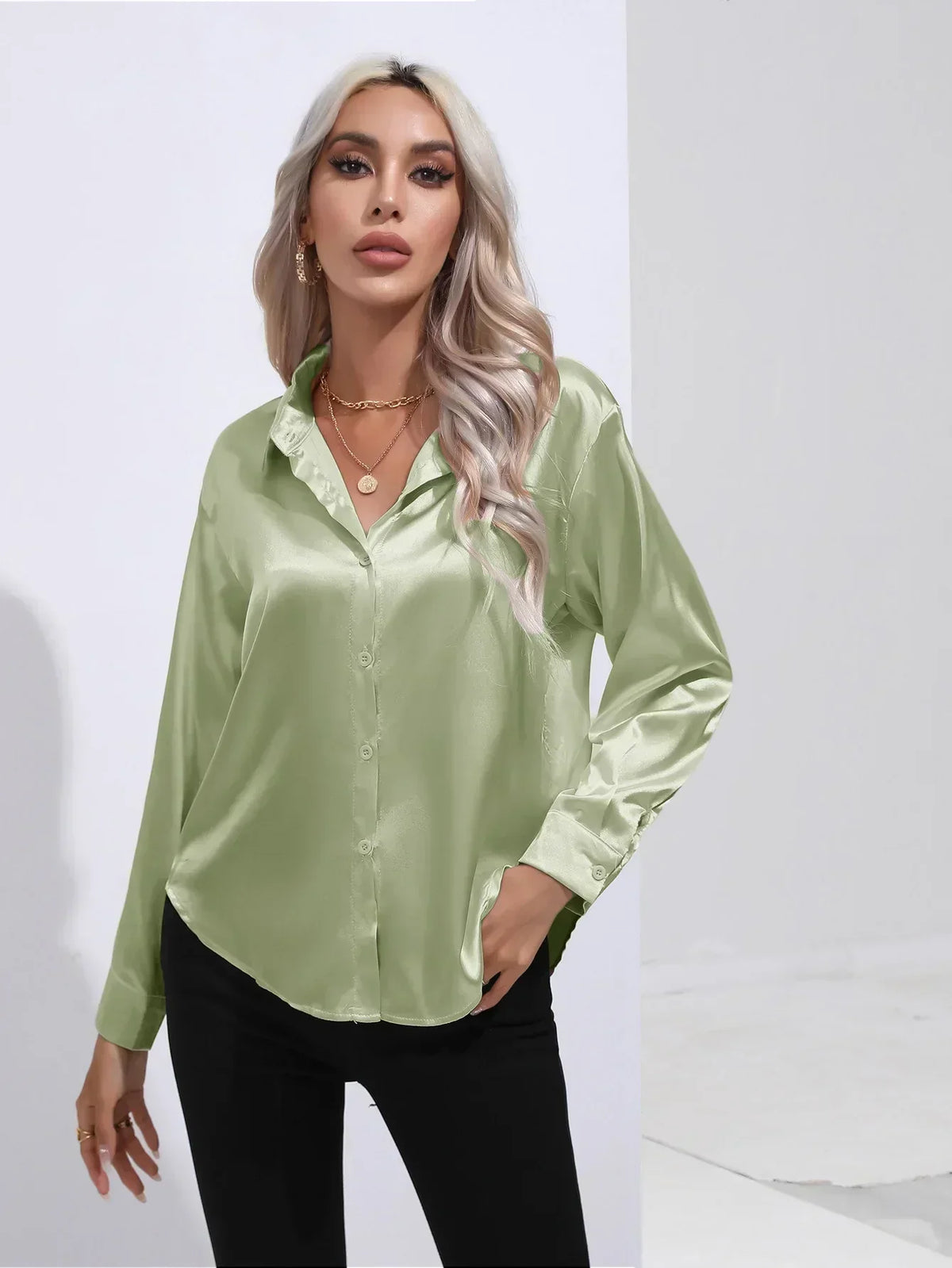 Ladies Luxe Satin Blouse with Collar and Curved Hem