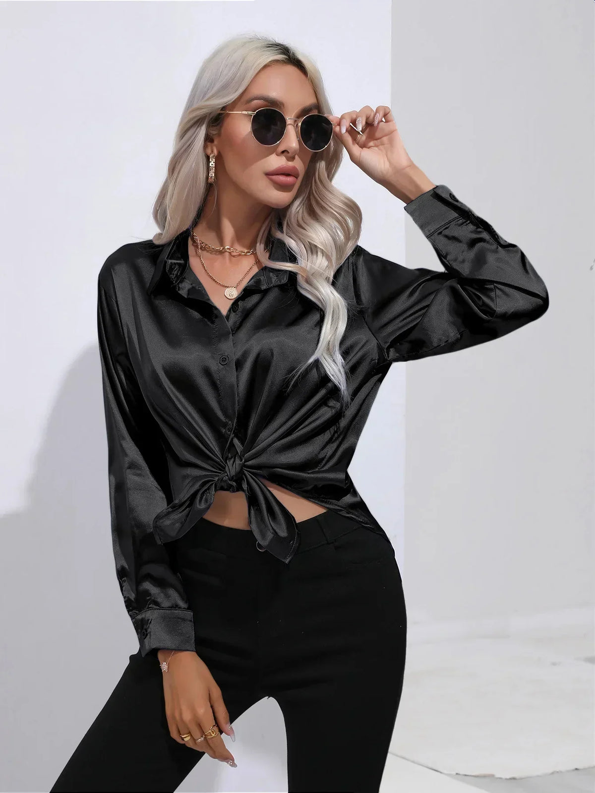 Ladies Luxe Satin Blouse with Collar and Curved Hem