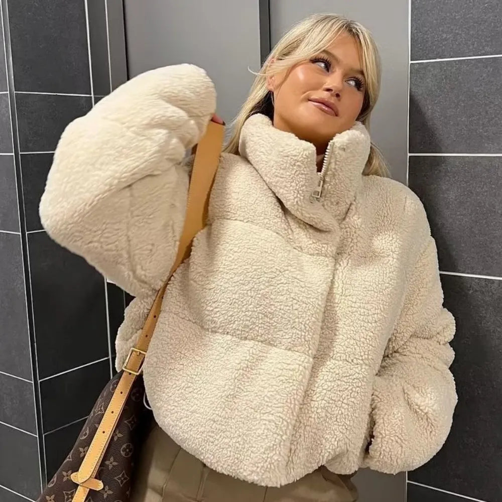 Beige Teddy Bomber Jacket Soft Warm with Pockets for Women