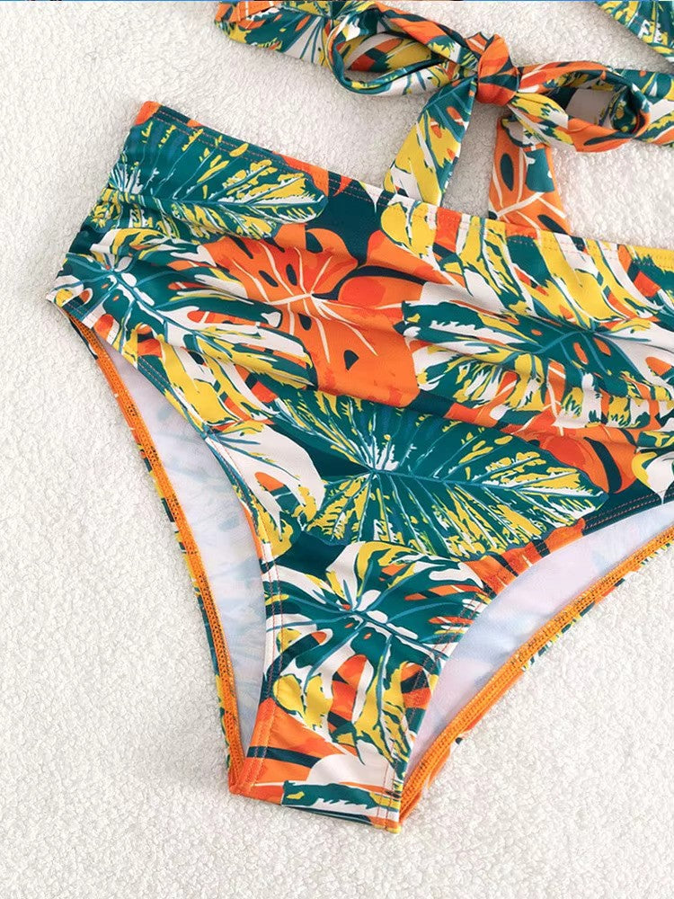 Set bikini a vita alta tropicale con stampa vivace