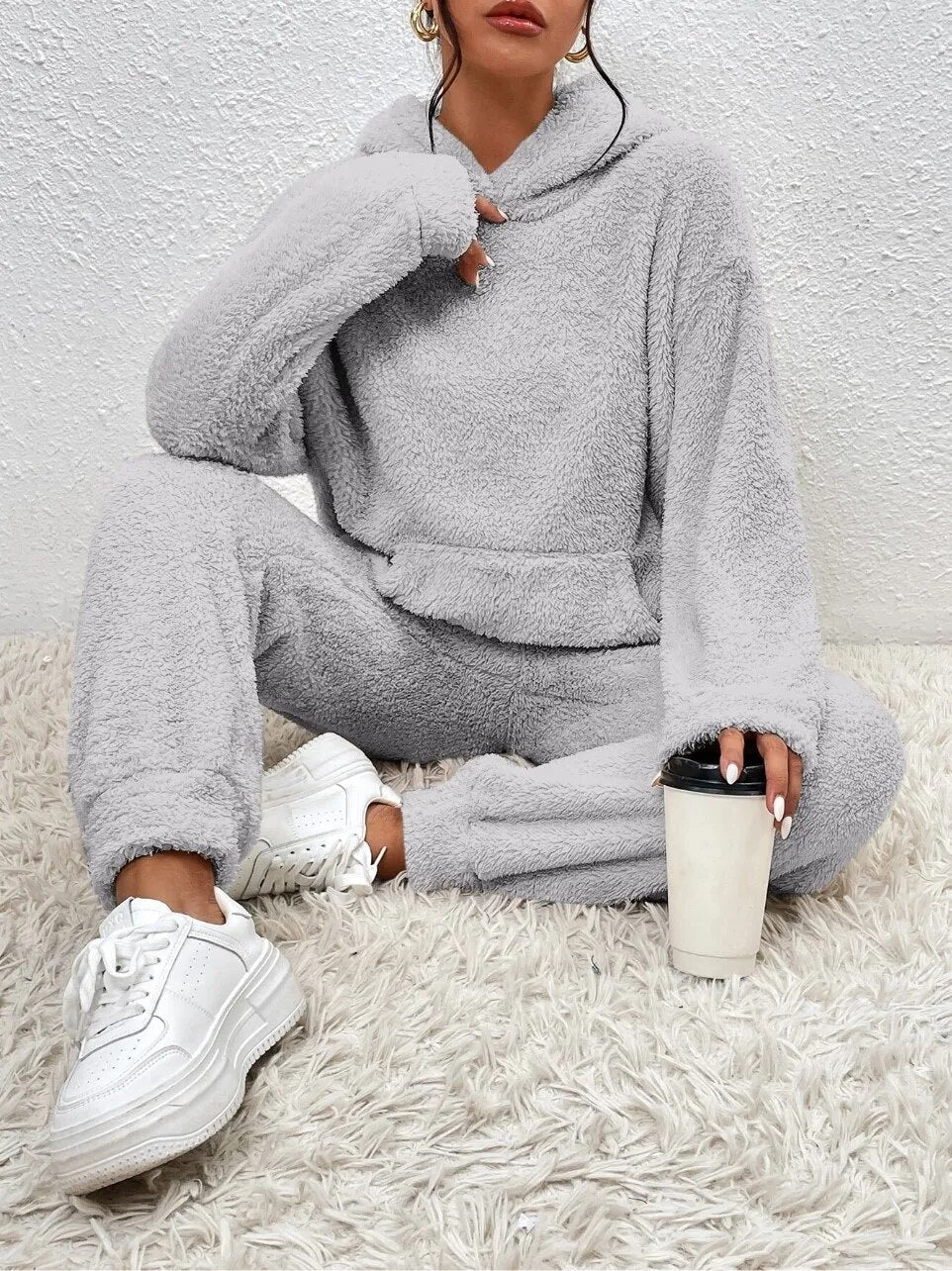 Cuddly teddy loungewear with hood for women - Sandy