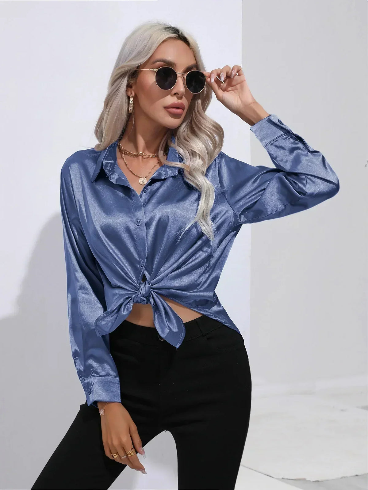 Ladies Luxe Satin Blouse with Collar and Curved Hem