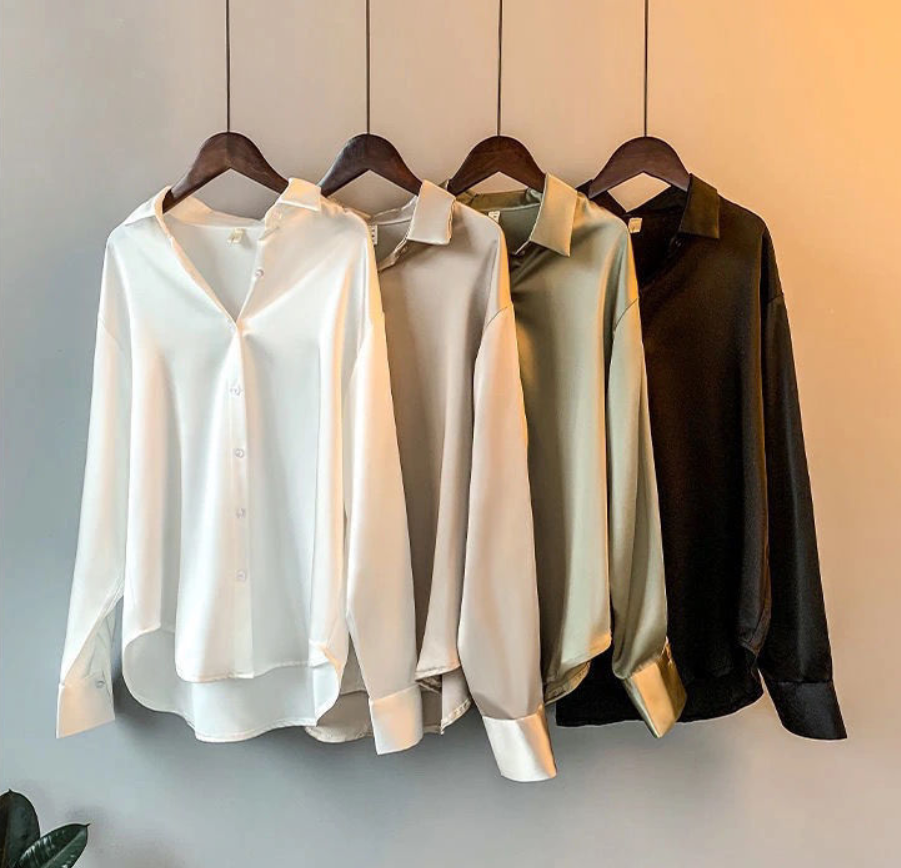 Ladies Glamorous Satin Blouse with Collar and Long Sleeves