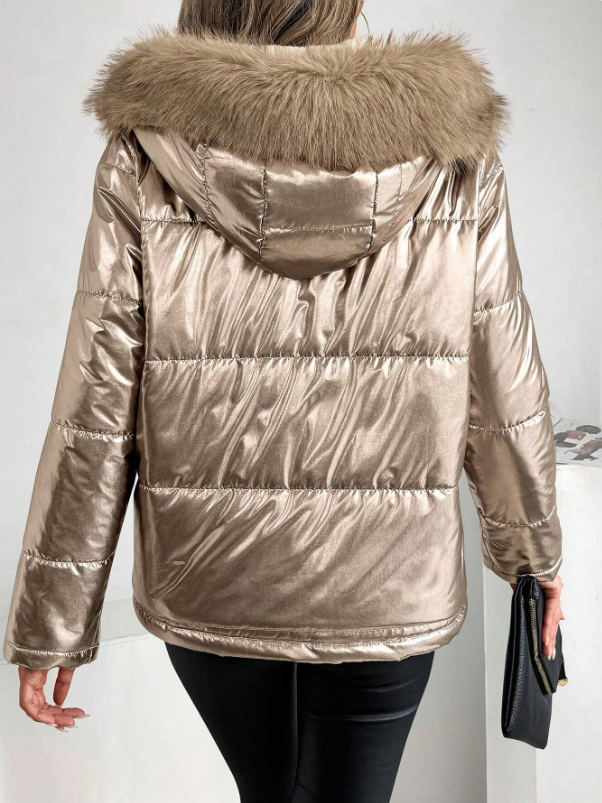 Metallic Women's Puffer Jacket with Faux Fur Hood