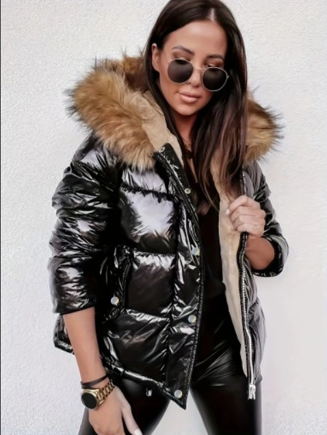 Metallic Women's Puffer Jacket with Faux Fur Hood