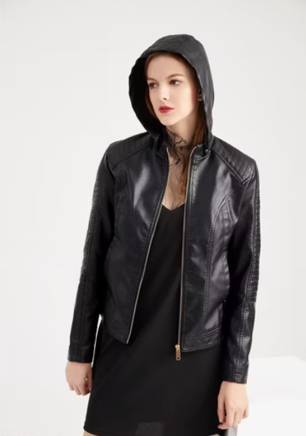 Leather Ladies Jacket with Removable Hood and Zipper