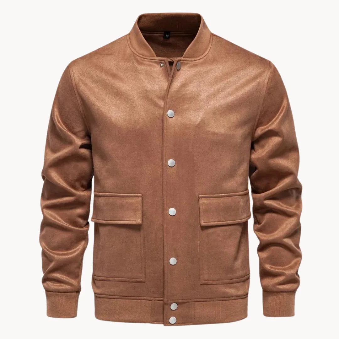 Hugo | Suede bomber jacket with round neck and press stud fastening