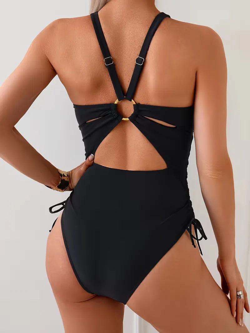 Swimsuit with V-neck and adjustable side straps