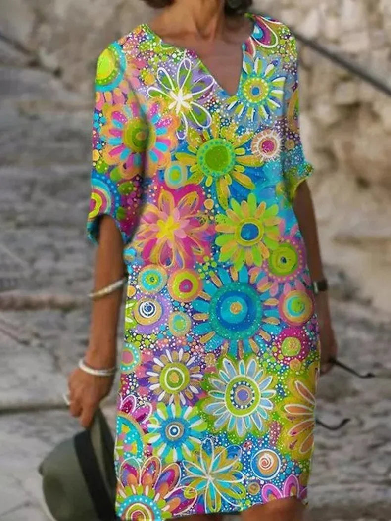 Dress with V-Neck and Floral Print